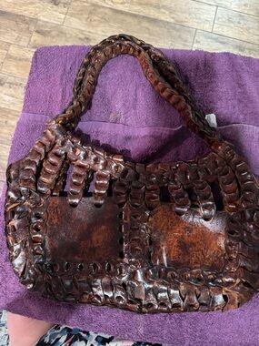 Woven Leather Shoulder Bag in Dark Brown